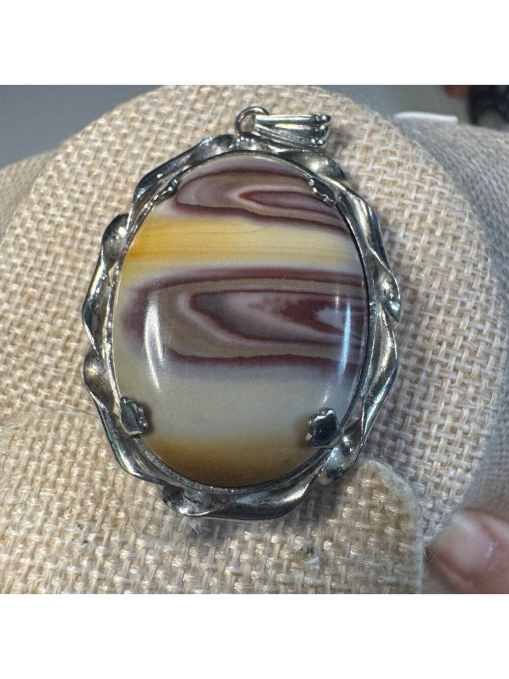 Oval Picture Jasper Pendant With Silver-Tone Frame - 2 Inches Long